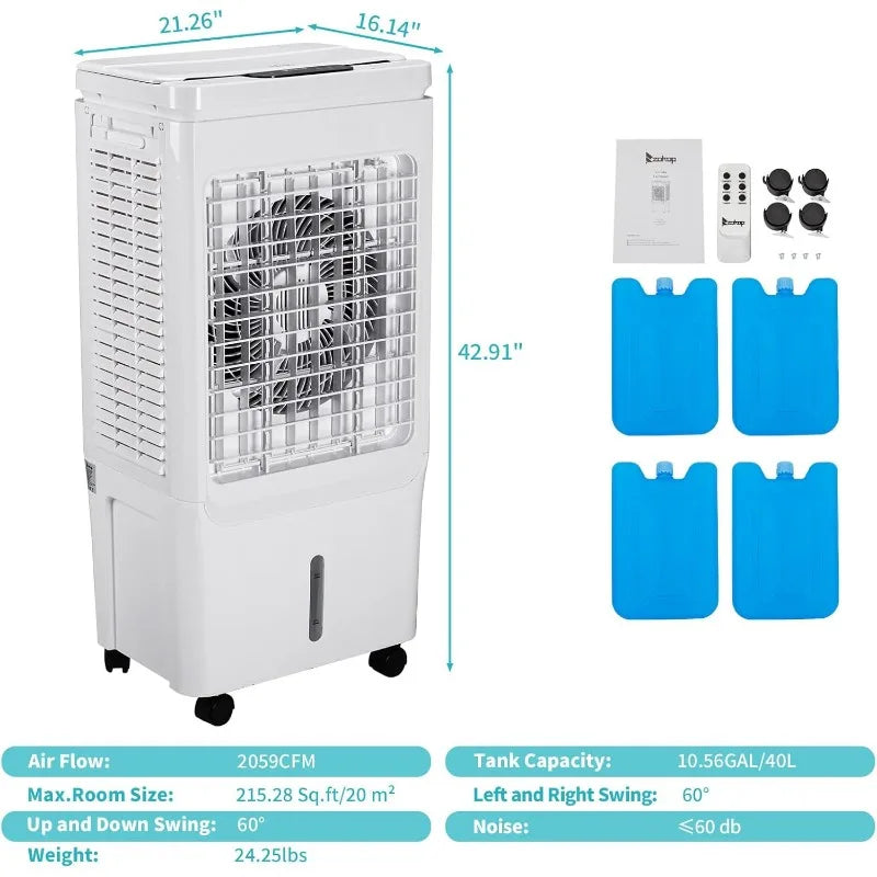 Evaporative Air Cooler w/ 10.6 Gallon Water Tank, 3-in-1 Cooling Fan